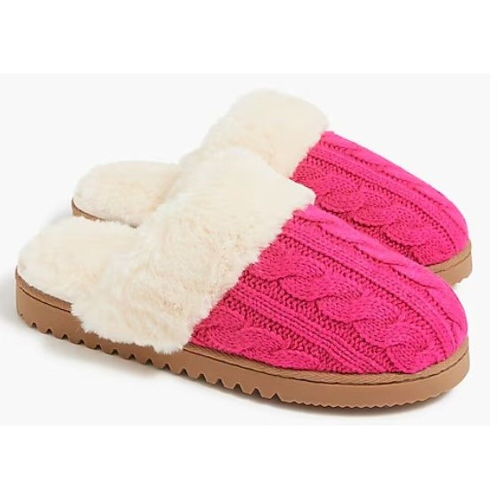J Crew Women's Wool Cable Knit Scuff Slippers Faux Fur Lining Pink